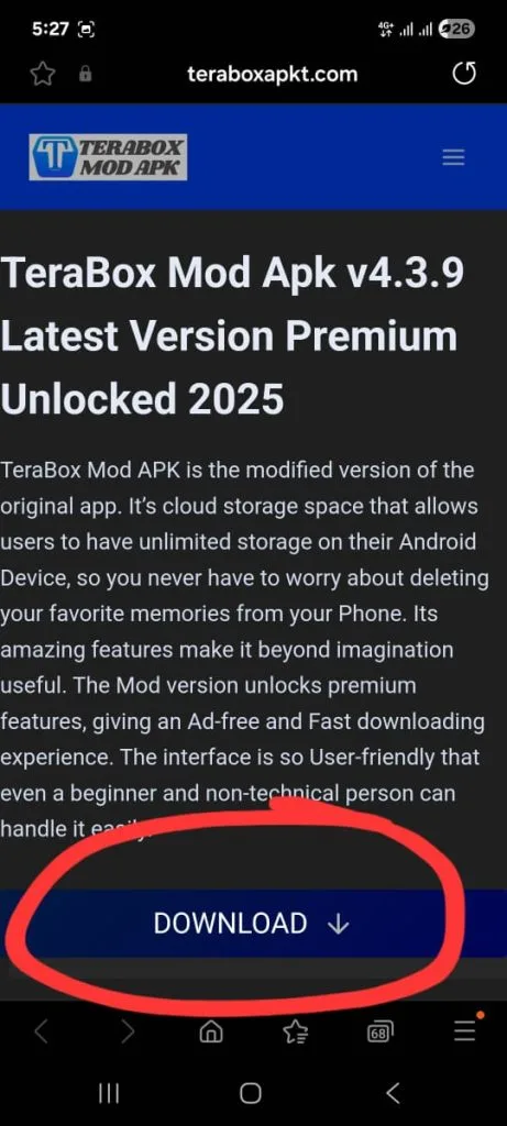 find the terabox mod apk download button and scrol down 