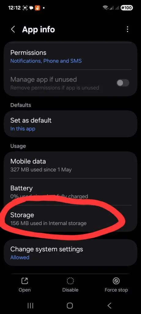 found storage button and select